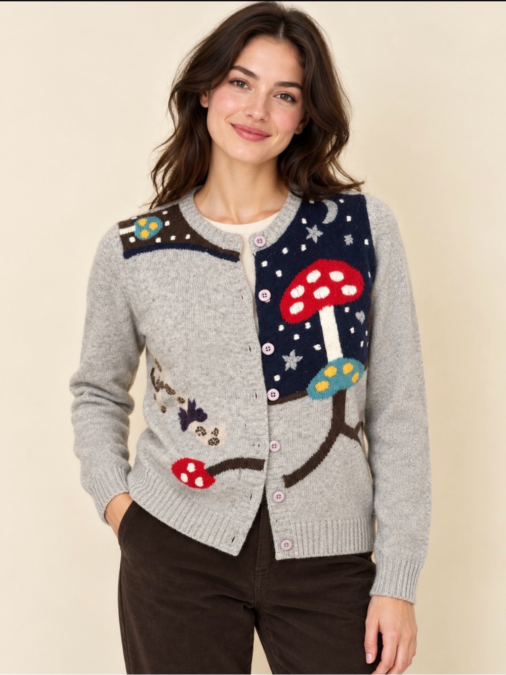 Smart woman Nwot Mushroom Appliqué Cardigan Sweater - size medium wool